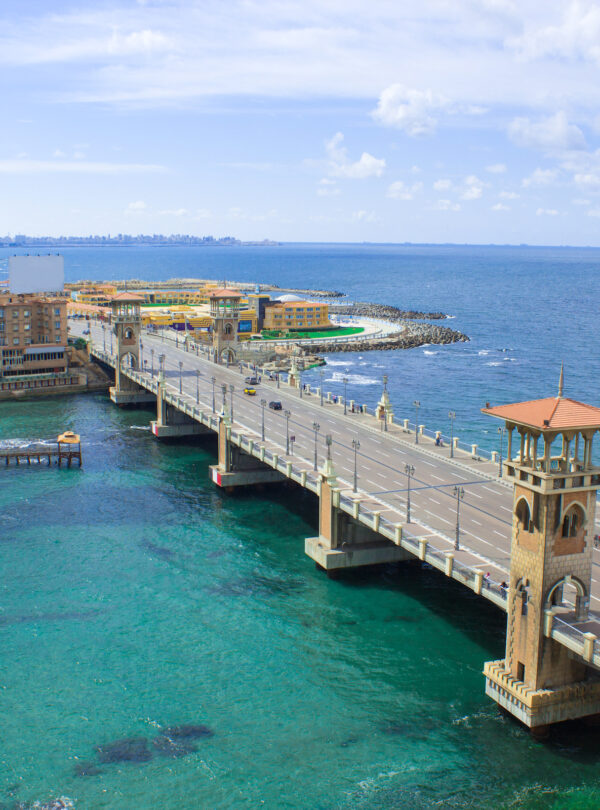Stanley Bridge in a Beautiful Sunny Winter day with the Background of the Mediterranean Sea and the Streets and Beautiful beaches of Alexandria, Egypt